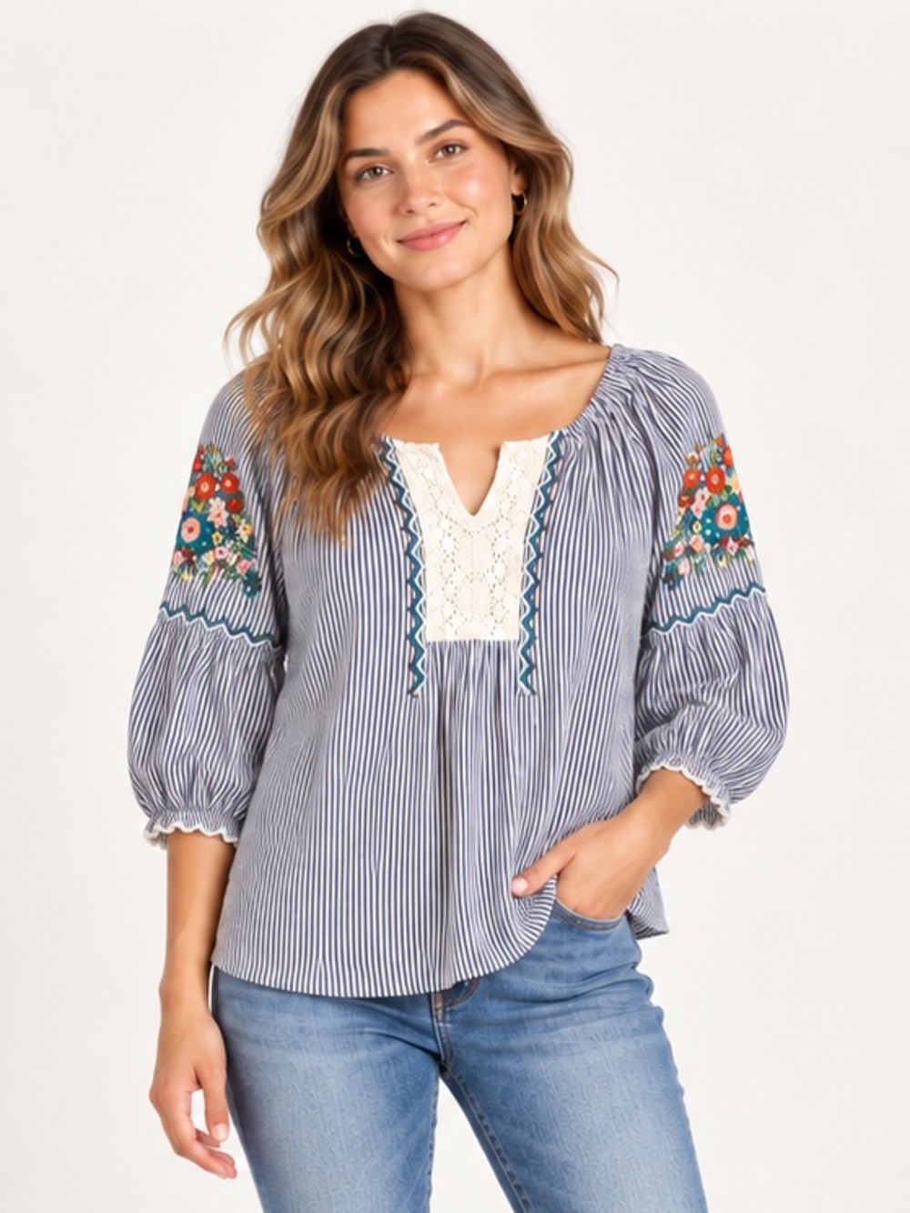 Blue Rain Striped Floral Embroidered Boho Peasant Blouse Small
